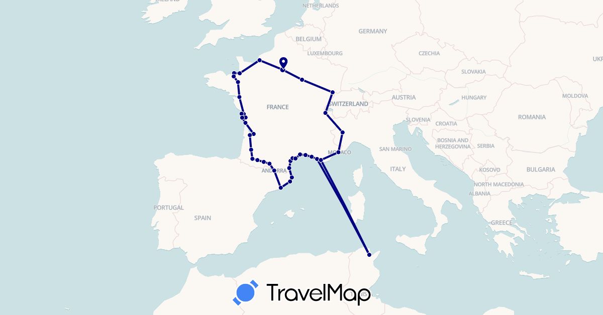 TravelMap itinerary: driving in Andorra, Switzerland, Spain, France, Italy, Tunisia (Africa, Europe)